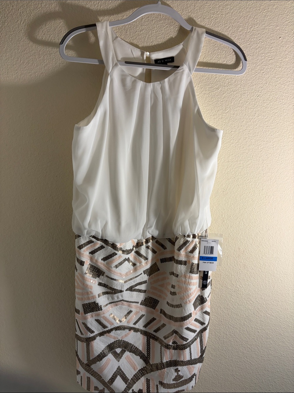 White and Blush Sequin Halter Dress